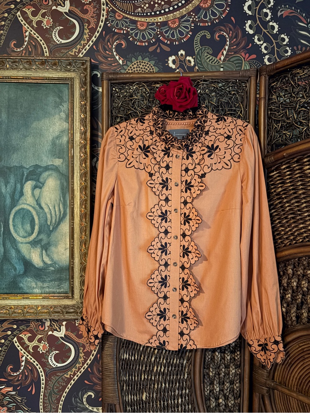 Anthropologie Peach Embroidered Ruffle Blouse US 8 Romantic Top